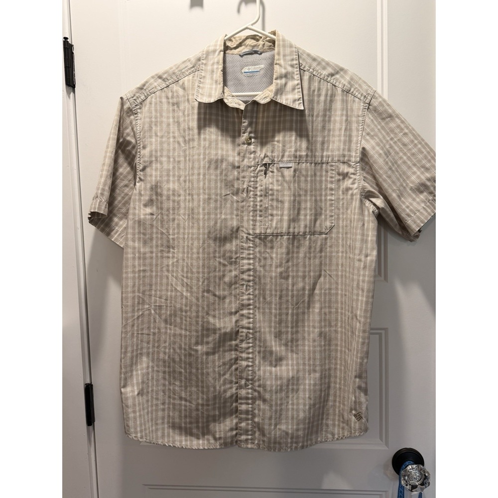 Columbia Omni-Shade Shirt Mens L Vented short Sleeve Beige White Plaid Fishing